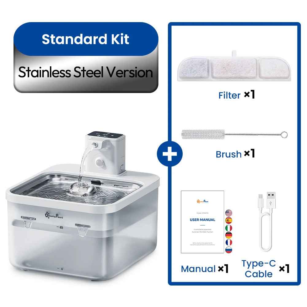 DownyPaws™ – 2.5L Wireless Stainless Steel Pet Water Fountain