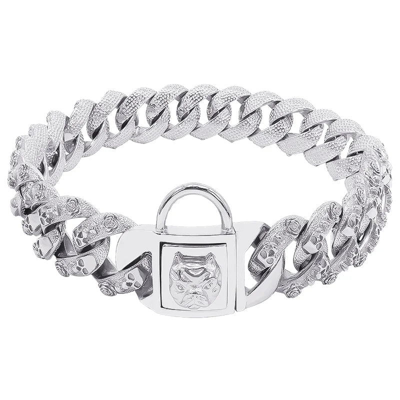 Metal Dog Collar for Large Dogs – 32mm Stainless Steel Chain Choker, Gold & Silver, Unique Fashionable Pet Accessory