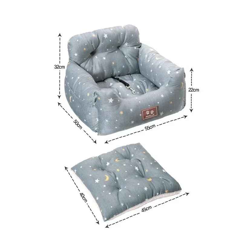 Dog & Cat Car Seat with Safety Belt – Washable Travel Bed Cushion