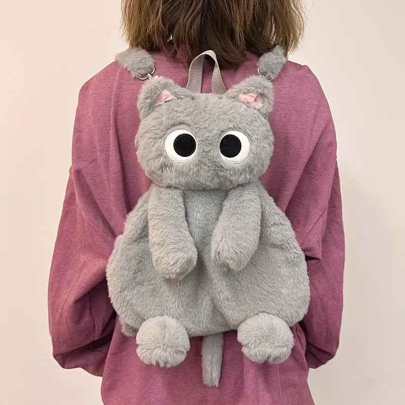 Kawaii Black Cat Plush Backpack – Cute Big Eyes Soft Shoulder Bag