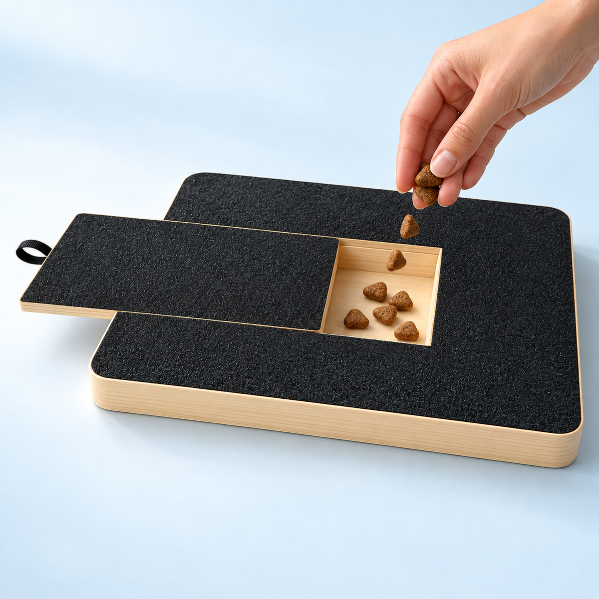 Adding dry treats to the built-in wooden compartment of the PawFile dog nail scratch board