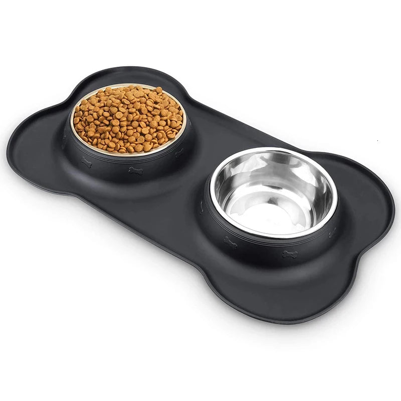 Anti-Slip Double Pet Bowl with Silicone Mat – Stainless Steel Feeder for Dogs & Cats
