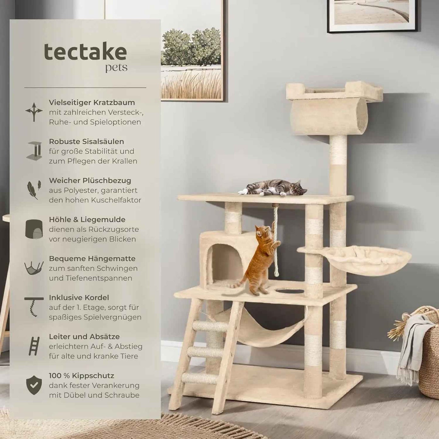 Large Cat Tree – With Hammock, Lying Bed, Condo, Stairs, Tunnel & Toy Rope, Sisal & Plush