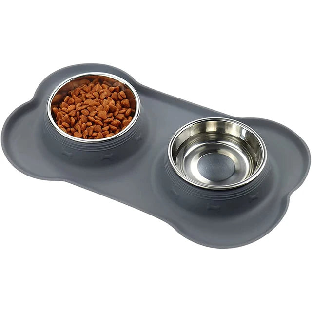 Anti-Slip Double Pet Bowl with Silicone Mat – Stainless Steel Feeder for Dogs & Cats