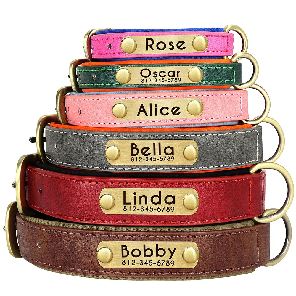 Customized PU Leather Dog Collar – Soft Padded & Adjustable, Free Engraving Nameplate for Small, Medium & Large Dogs