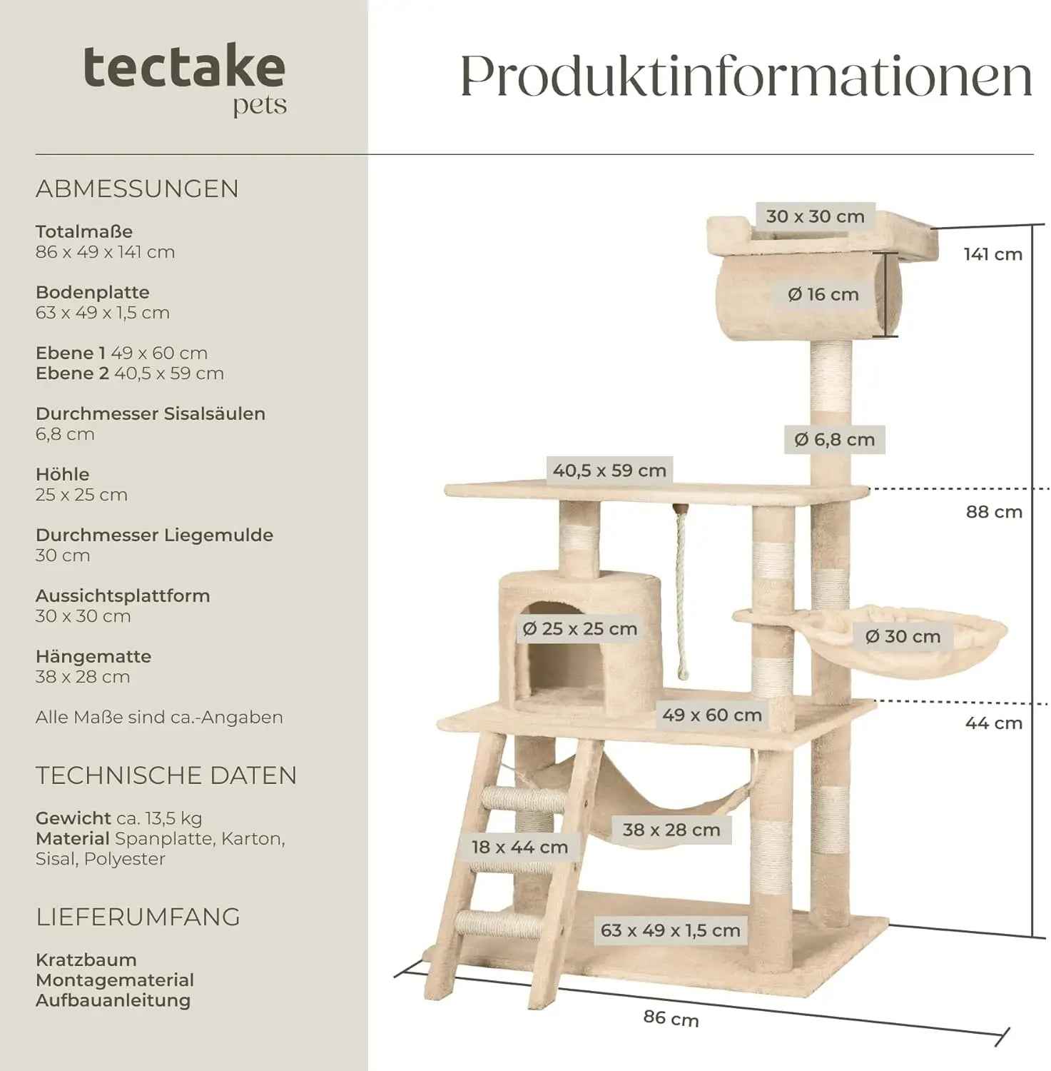 Large Cat Tree – With Hammock, Lying Bed, Condo, Stairs, Tunnel & Toy Rope, Sisal & Plush