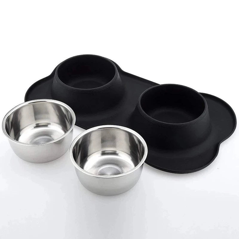 Anti-Slip Double Pet Bowl with Silicone Mat – Stainless Steel Feeder for Dogs & Cats