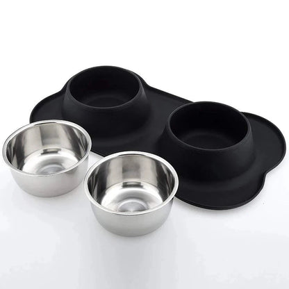 Anti-Slip Double Pet Bowl with Silicone Mat – Stainless Steel Feeder for Dogs & Cats
