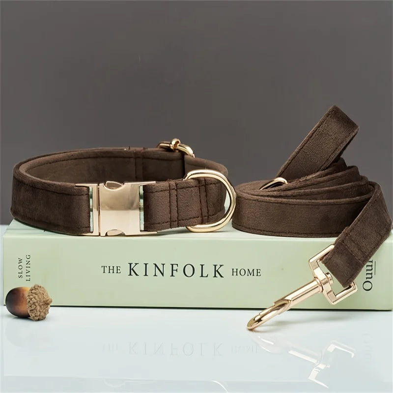 Velvet Personalized Dog Collar & Leash – Custom Engraved Name Tag