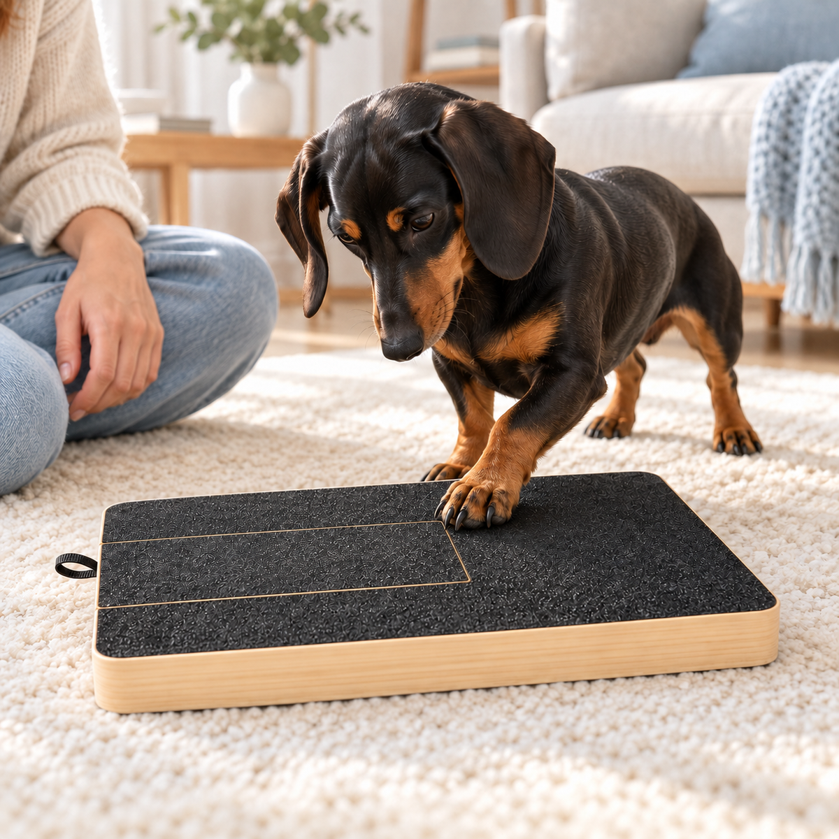 A dachshund learning to use the rectangular black PawFile scratch board with its owner nearby